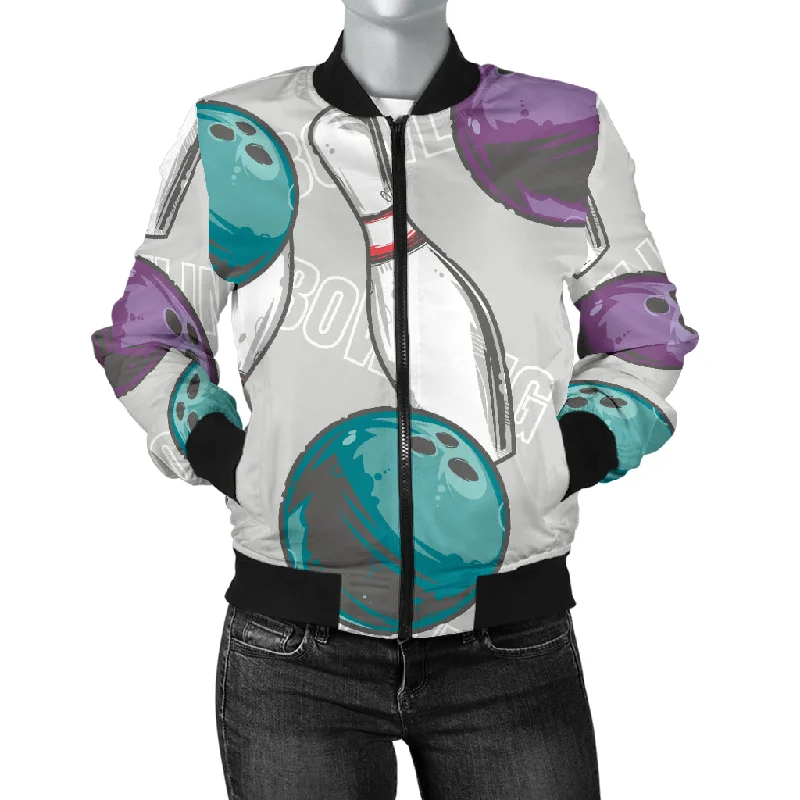 Bowling Ball And Pin Gray Background Women'S Bomber Jacket