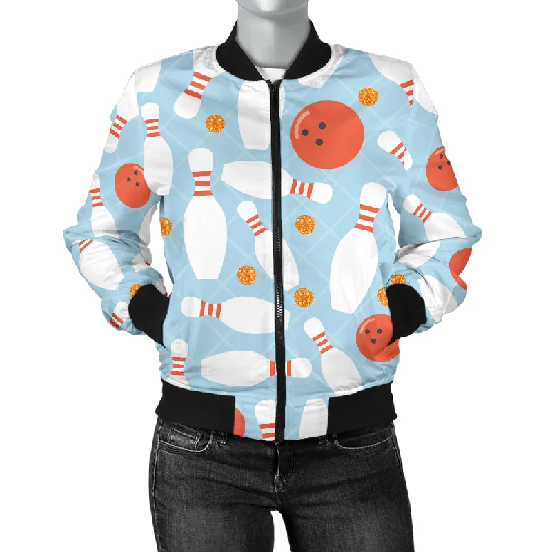 Bowling Ball Bowling Pins Blue Blackground Women'S Bomber Jacket