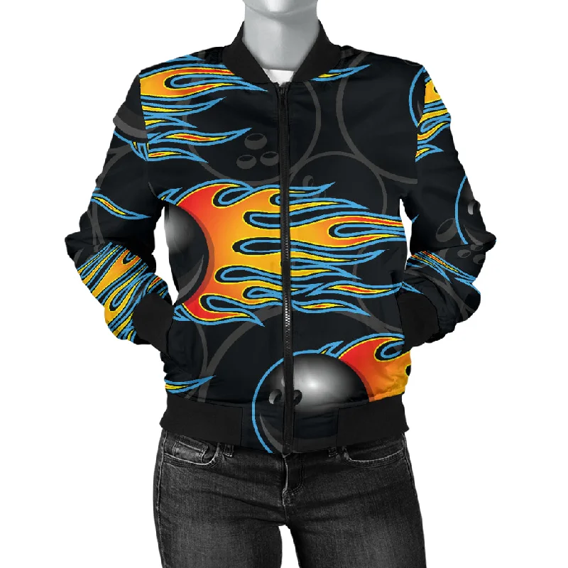 Bowling Balls Flame Pattern Women'S Bomber Jacket