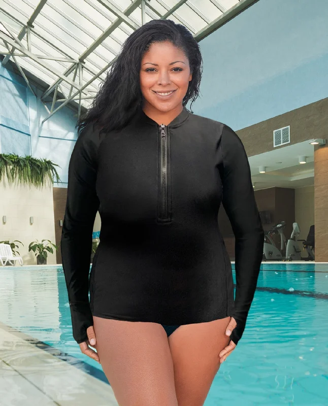 CHLORINE RESISTANT AQUAMORE SOLID PULL OVER ZIPPER PLUS SIZE RASHGUARD