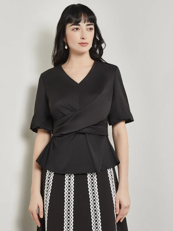 Crossover Peplum Blouse - Puff Sleeve Woven