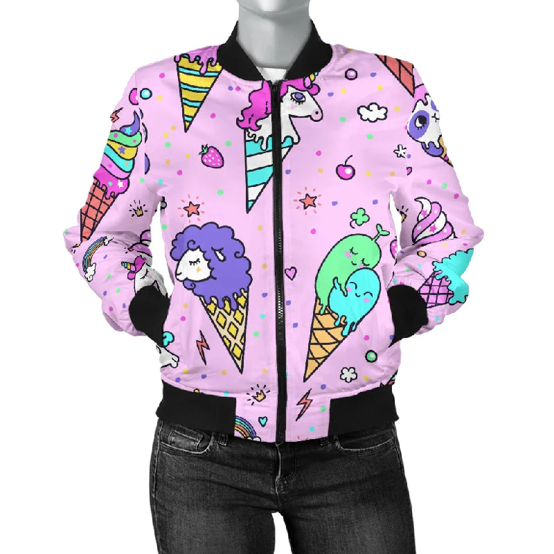 Cute Ice Cream Cone Animal Pattern Women'S Bomber Jacket