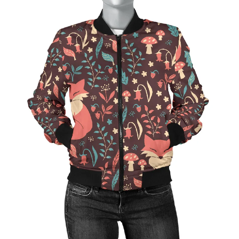 Fox Leaves Mushroom Pattern Women'S Bomber Jacket