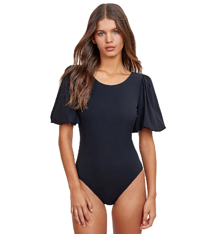 Gottex Modest Women's High Round Neck Puff Sleeves One Piece Swimsuit Black