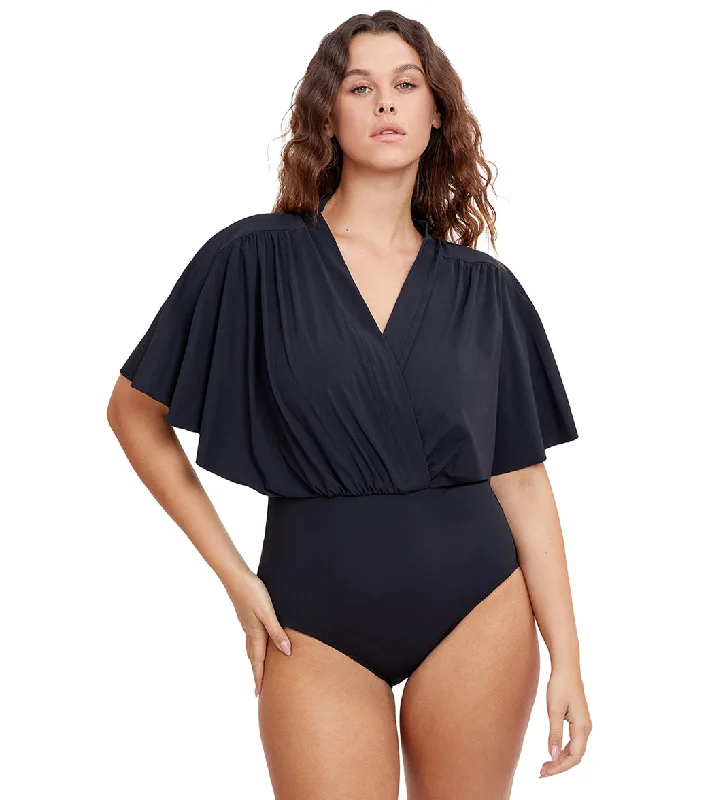 Gottex Modest Women's Solid Surplice Blouson One Piece Swimsuit Black