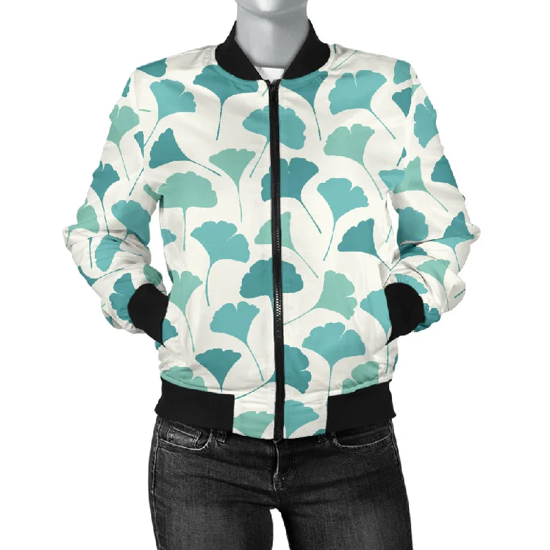 Green Ginkgo Leaves Pattern Women'S Bomber Jacket