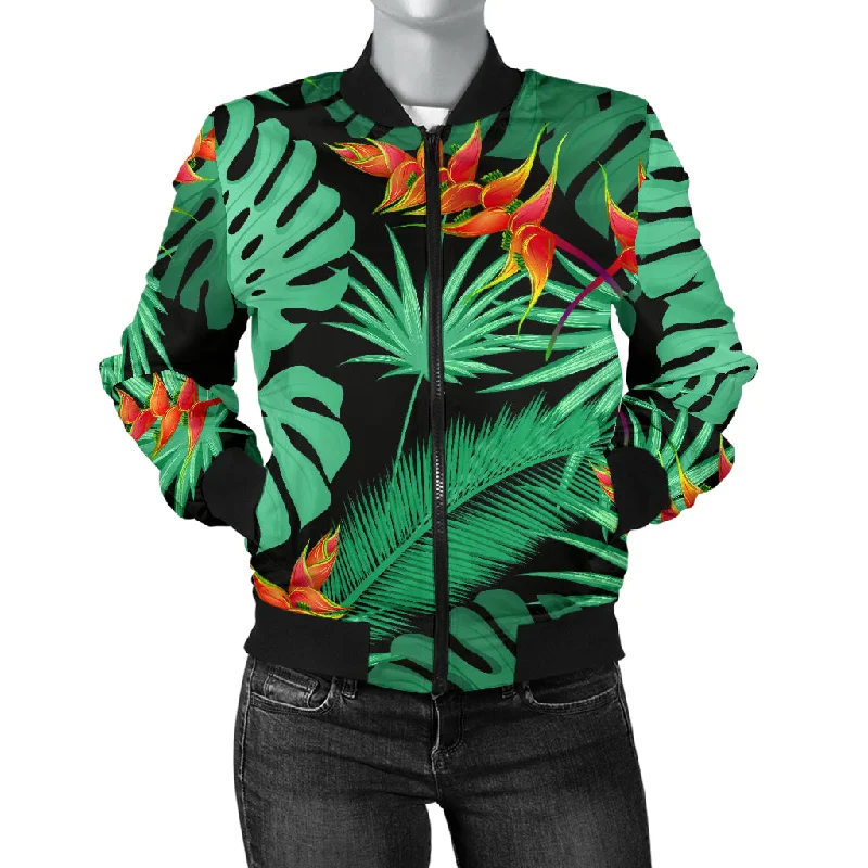 Heliconia Flower Palm Monstera Leaves Black Background Women'S Bomber Jacket