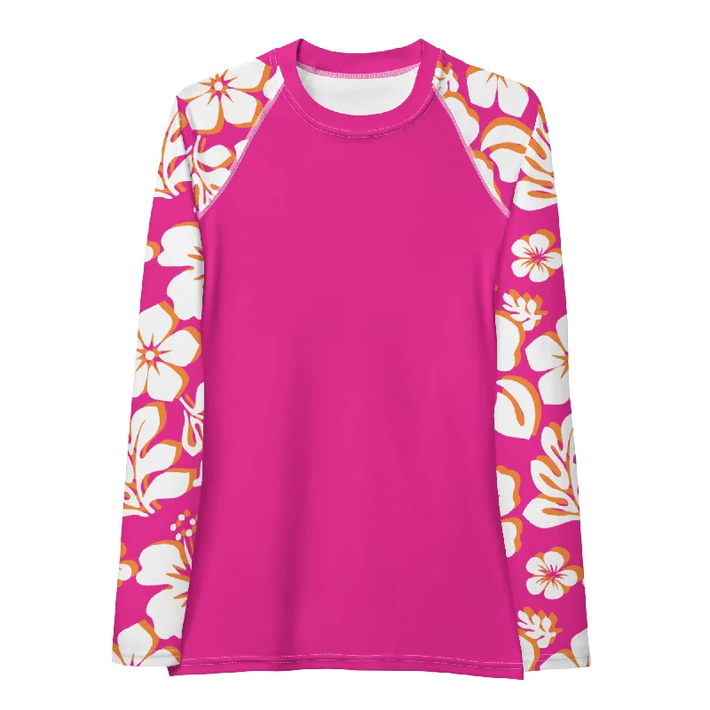 Hot Pink Women's Rash Guard with White, Hot Pink and Orange Hawaiian Print Sleeves