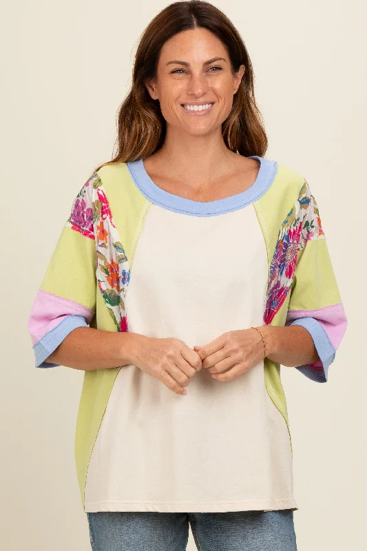 Lime Floral Colorblock Raw Hem Oversized Top