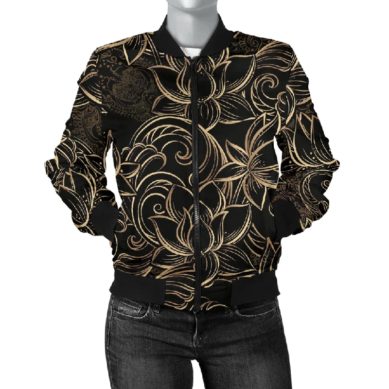 Luxurious Gold Lotus Waterlily Black Background Women'S Bomber Jacket