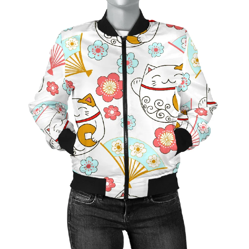 Maneki Neko Lucky Cat Fan Sakura Women'S Bomber Jacket