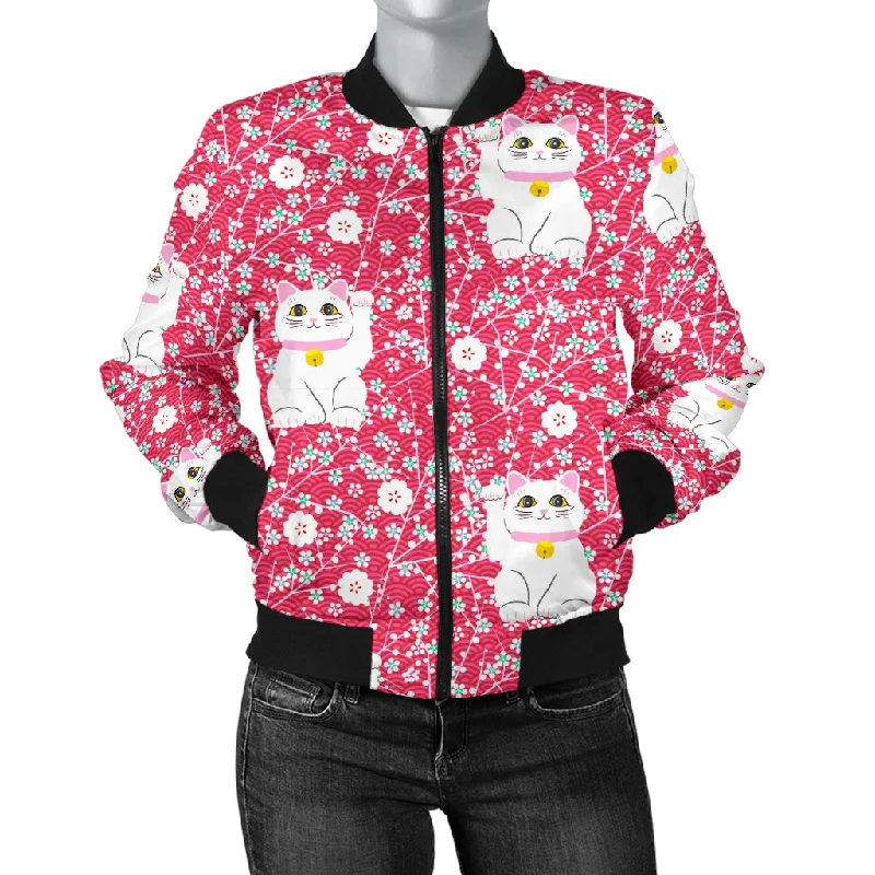 Maneki Neko Lucky Cat Sakura Pink Background Women'S Bomber Jacket