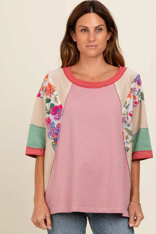 Mauve Floral Colorblock Raw Hem Oversized Top