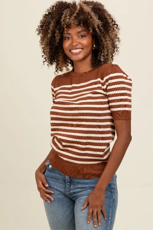 Mocha Striped Short Sleeve Knit Top