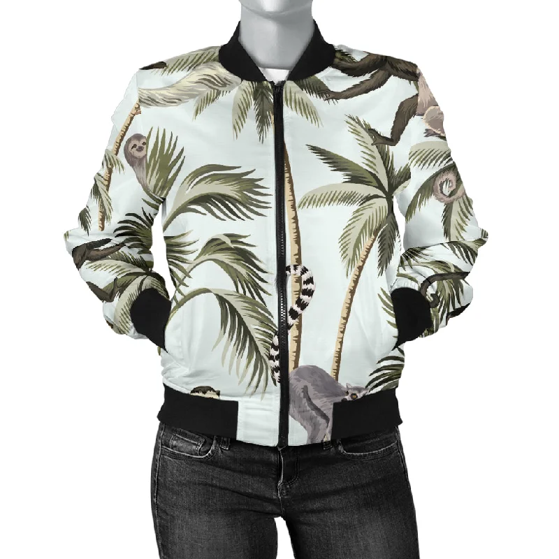 Monkey Sloth Lemur Palm Trees Pattern Women'S Bomber Jacket