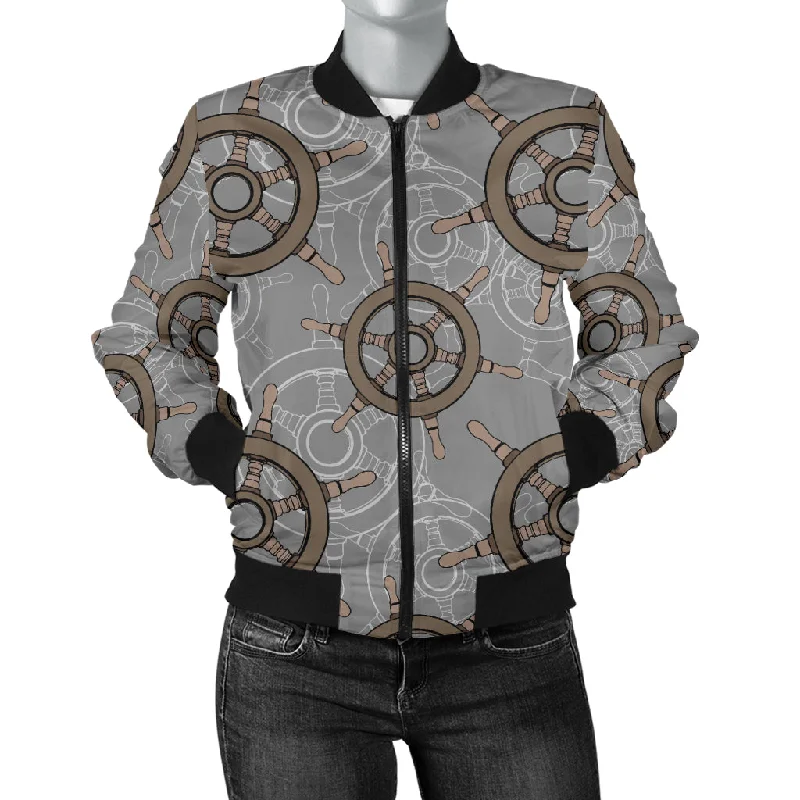 Nautical Wood Steering Wheel Pattern Women'S Bomber Jacket