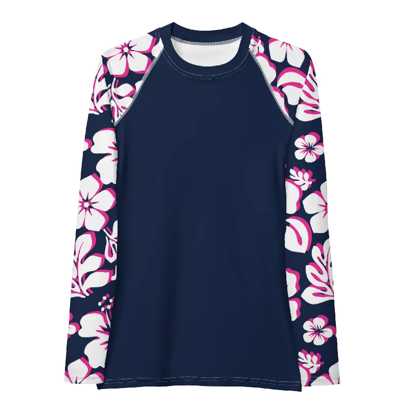 Navy Blue Women's Rash Guard with Navy Blue, Hot Pink and White Hawaiian Print Sleeves