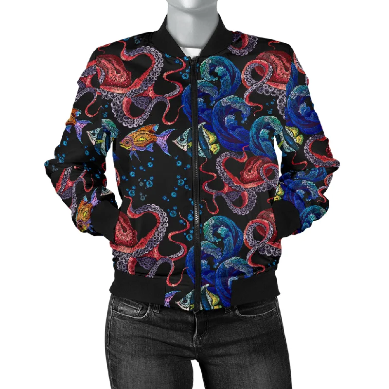 Octopus Sea Wave Tropical Fishe Pattern Women'S Bomber Jacket