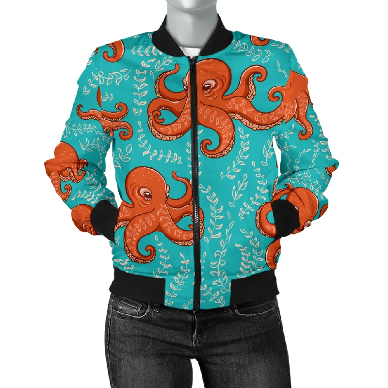 Octopus Turquoise Background Women'S Bomber Jacket