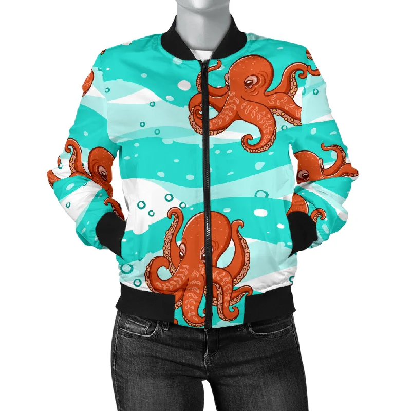 Octopuses Sea Wave Background Women'S Bomber Jacket