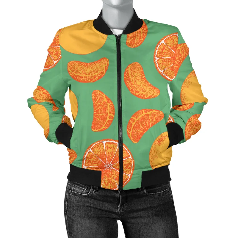 Orange Fruit Pattern Green Background Women'S Bomber Jacket