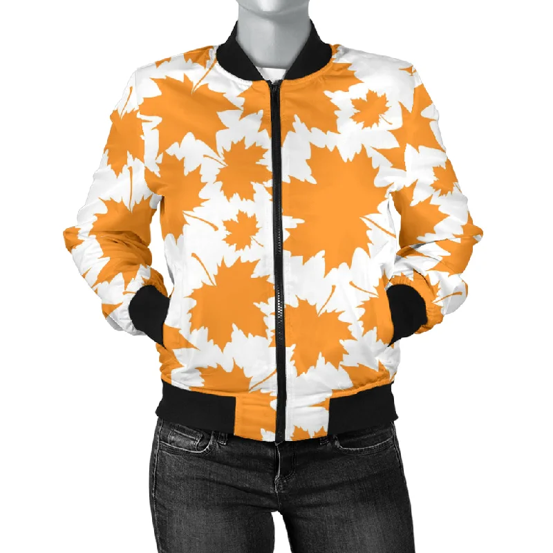 Orange Maple Leaf Pattern Women'S Bomber Jacket