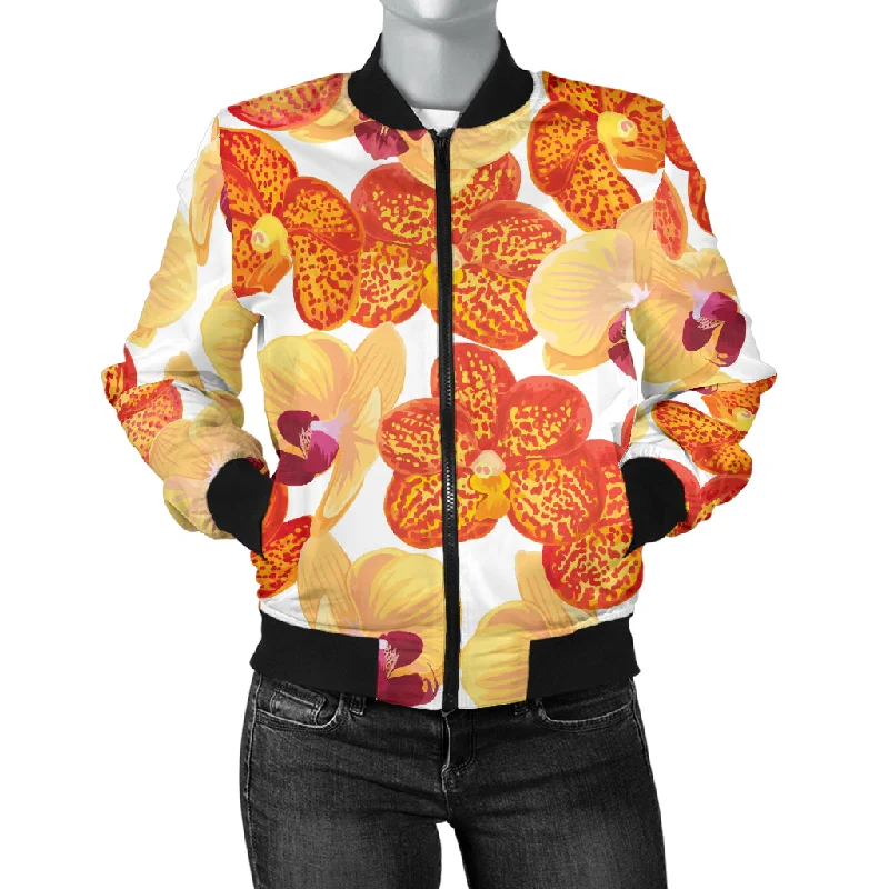 Orange Yellow Orchid Flower Pattern Background Women'S Bomber Jacket