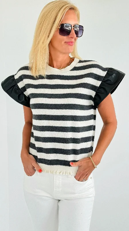 Ruffled Sleeves Striped Top