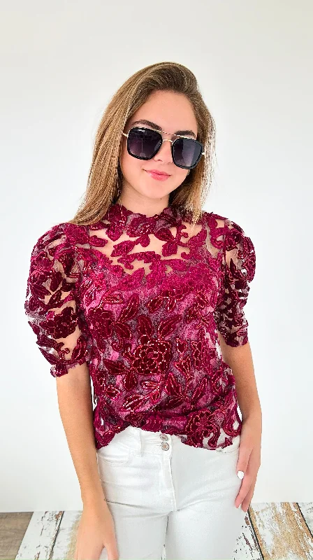 Sheer Lace Top- Burgundy