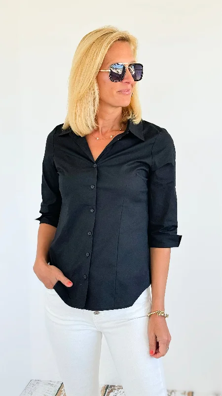 Solid 3/4 Sleeve Stretchy Blouse - Black