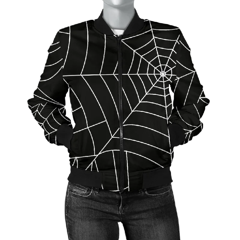 Spider Web Pattern Black Background White Cobweb Women'S Bomber Jacket