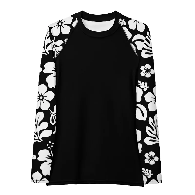 Women's Black Rash Guard with White and Black Hawaiian Print Sleeves