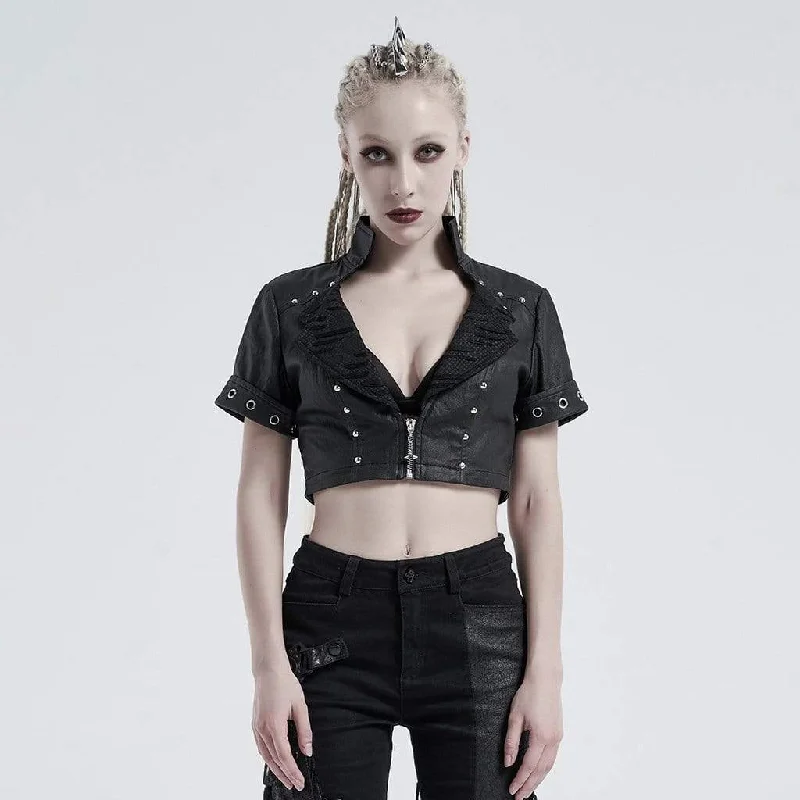 Women's Gothic V-neck Front Zip Crop Tops With Rivets