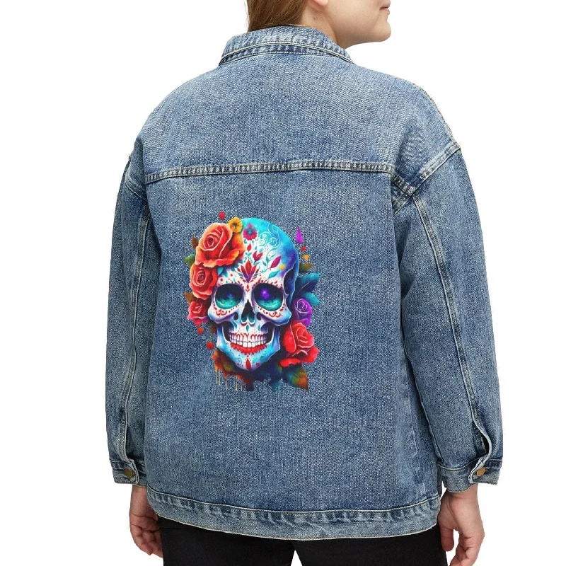 Women's Bright Skull Floral Denim Jacket - perfect for showing off your unique style and making a statement!