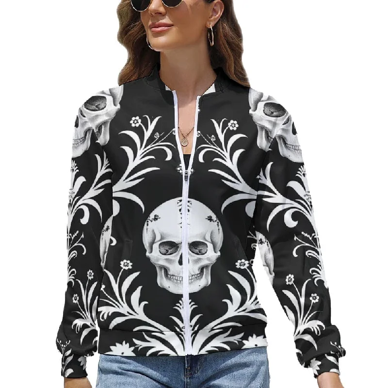 Women's Skulls On Black White Pattern Long Sleeve Zipper Jacket