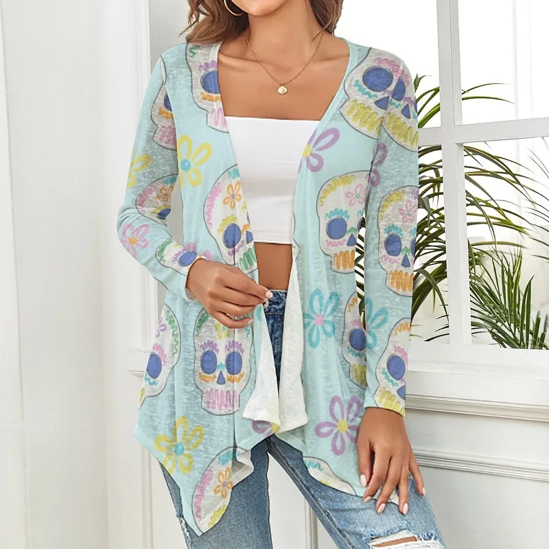 Women's Soft Blue Background With Skulls knitted cardigan