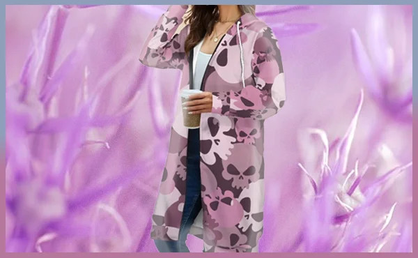 Women's Pink Camo Skull Long Hooded Coat